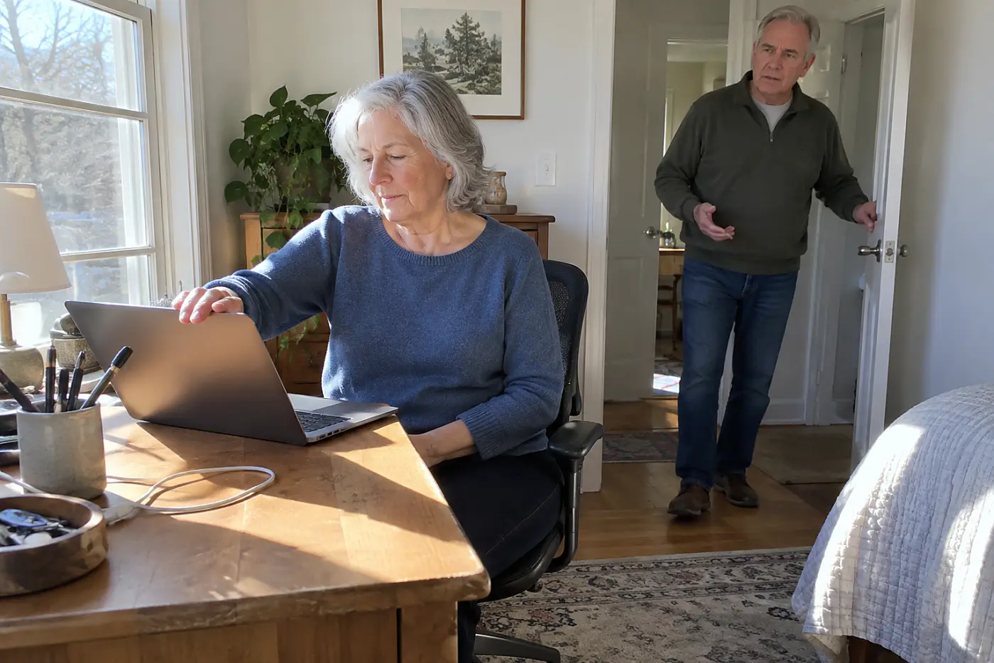 Older woman checking saved passwords on her laptop at a private desk.
