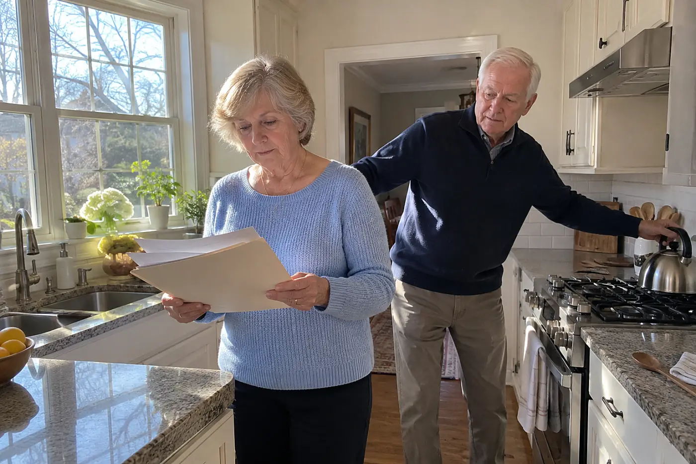 Older woman reading an identity monitoring bill at her kitchen counter.