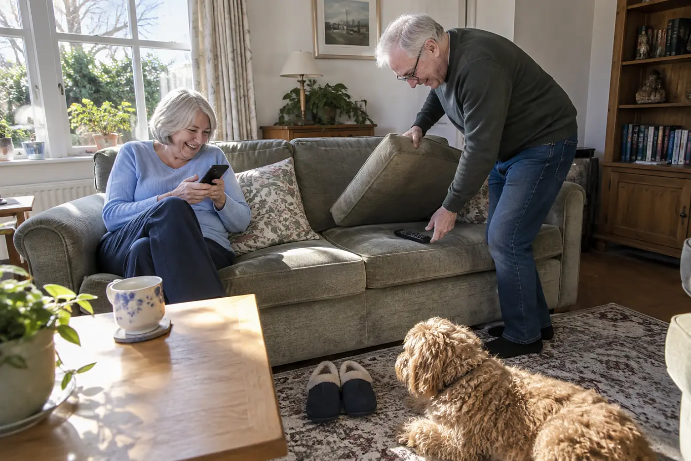 Older woman checking cloud storage usage on her phone in the living room.