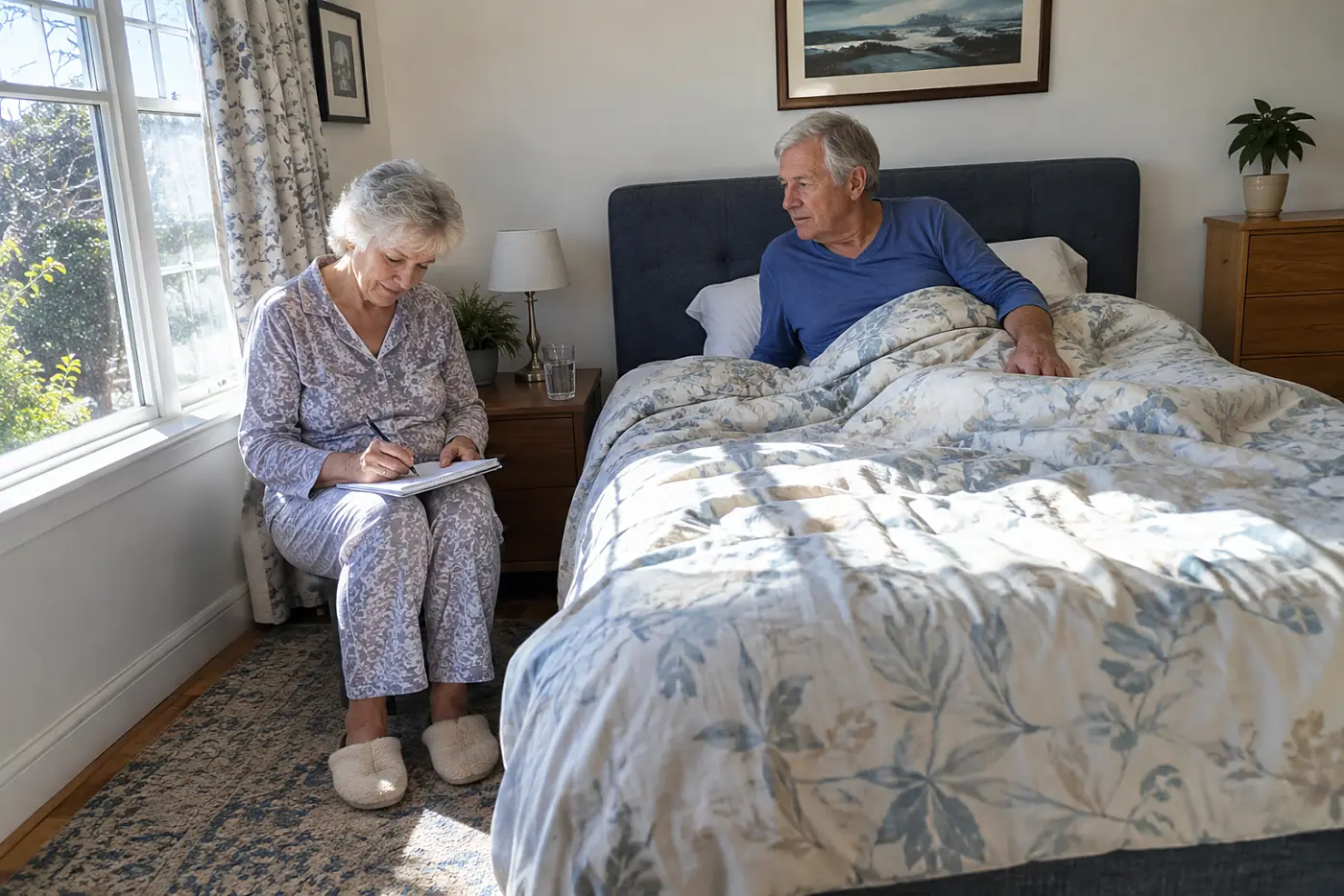 Older woman writing waking times in a notebook beside her bed.