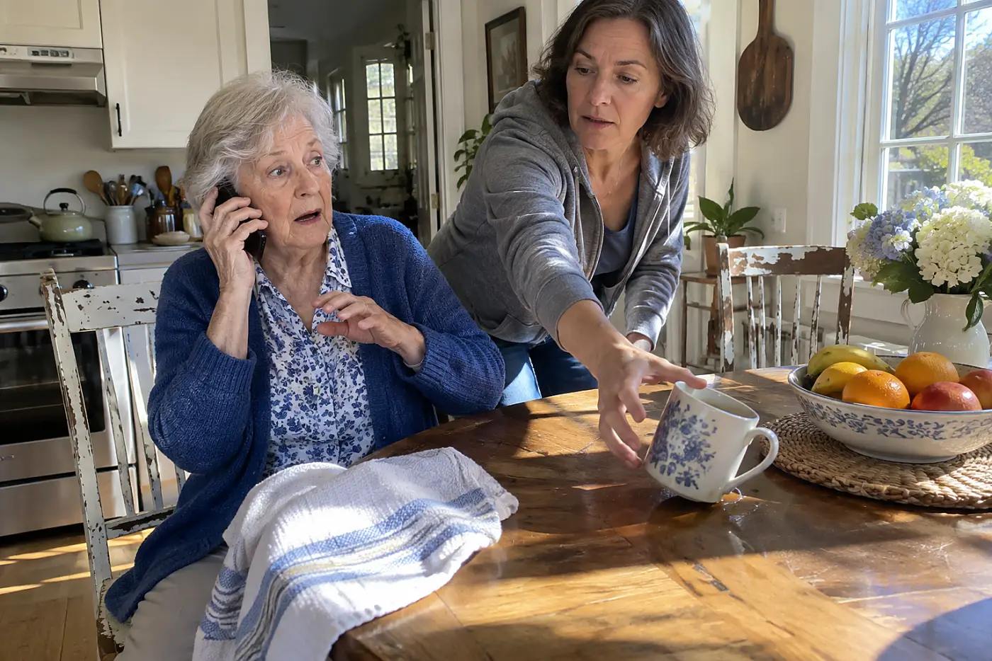 Older woman talking with her adult child by phone at her kitchen table.