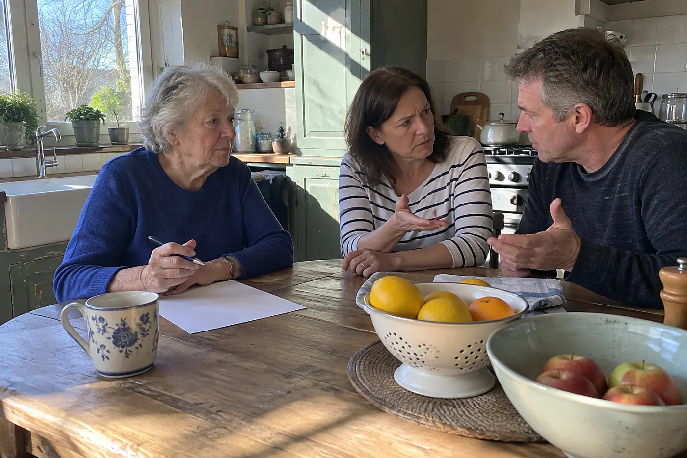 Older woman writing loan terms on paper with a couple at her kitchen table.