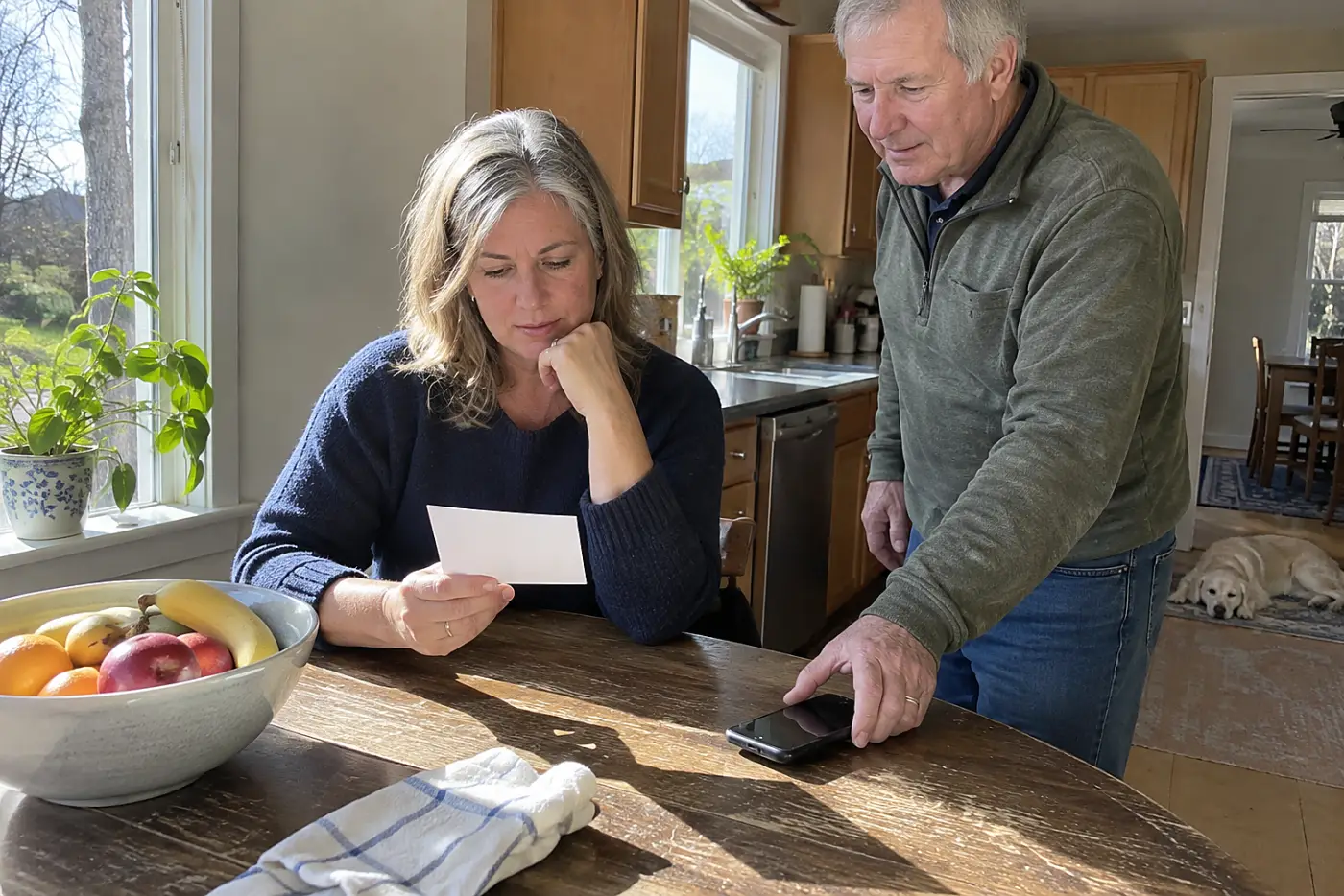 Adult daughter checking an insurance card before calling a doctor’s office.