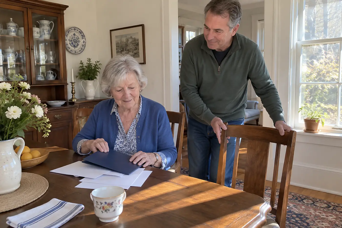 Older woman looking at a folder of health care documents at her dining table.