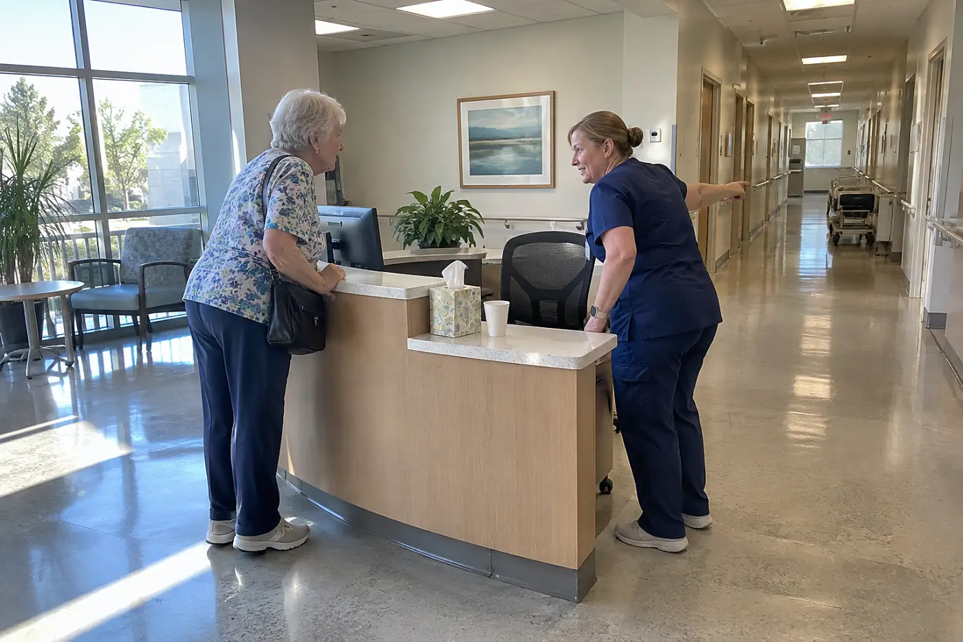 Older woman speaking with a staff member at a hospital visitor desk.