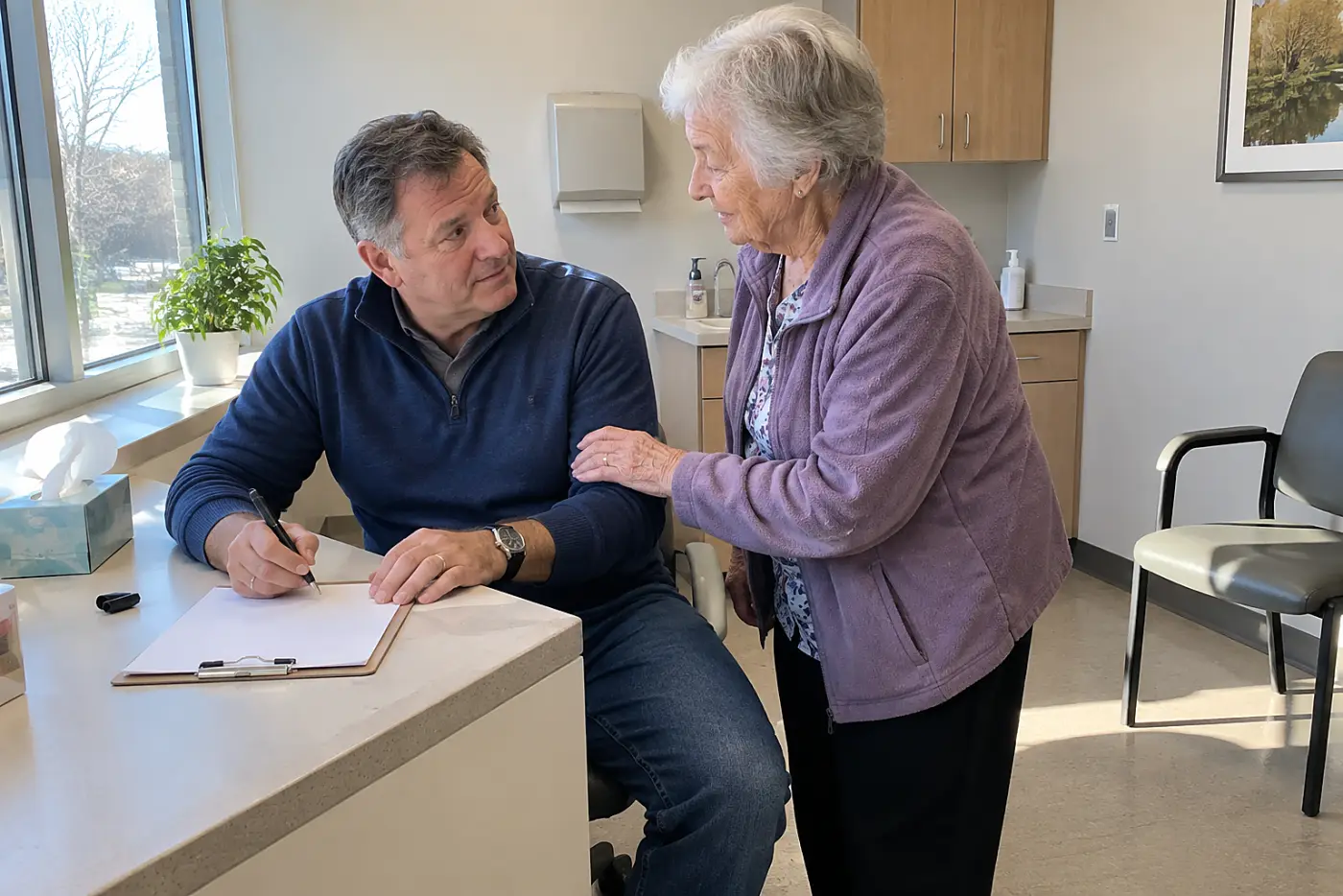 Adult son filling out an emergency contact form at a clinic desk.