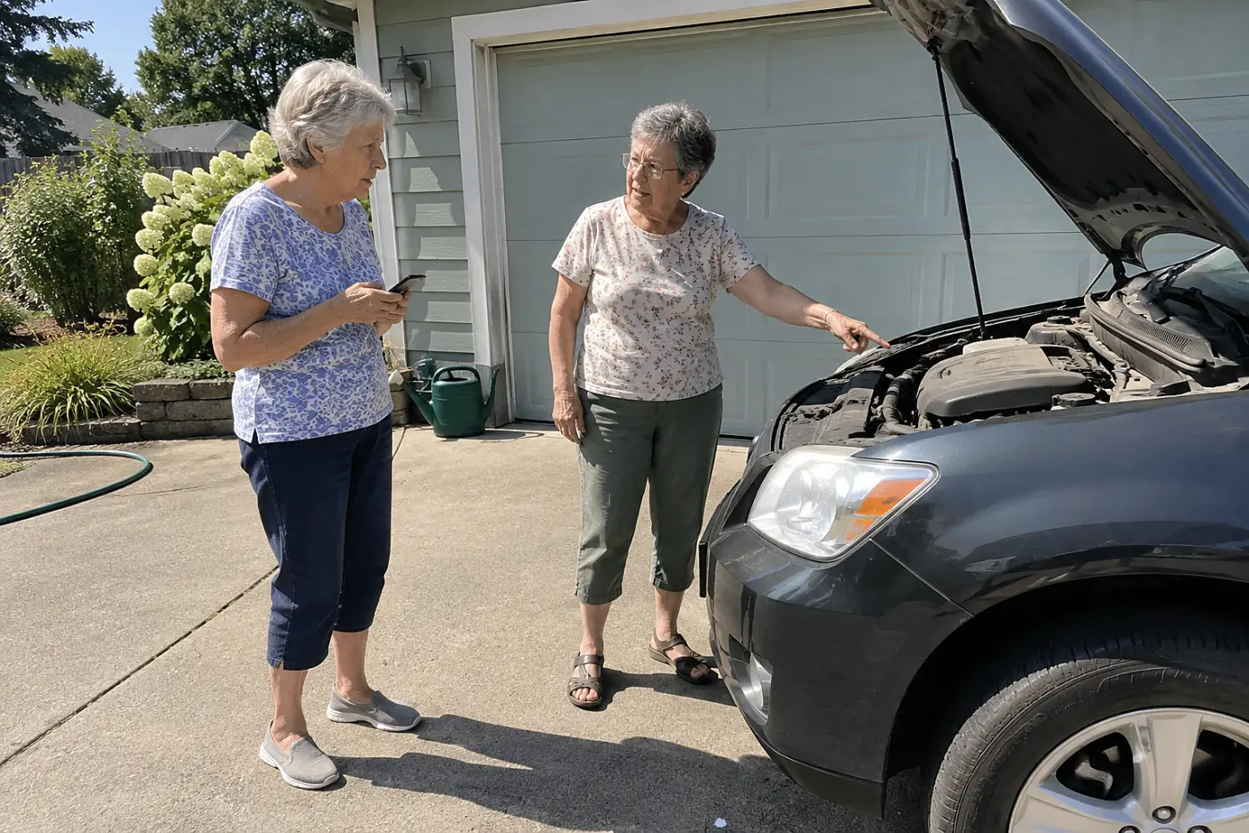 Older woman reading a message about a repaired car while standing in her driveway.