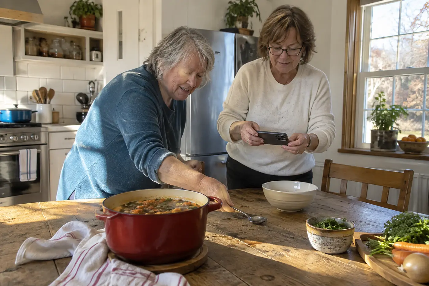 Older woman photographing a handwritten soup recipe at her kitchen table.