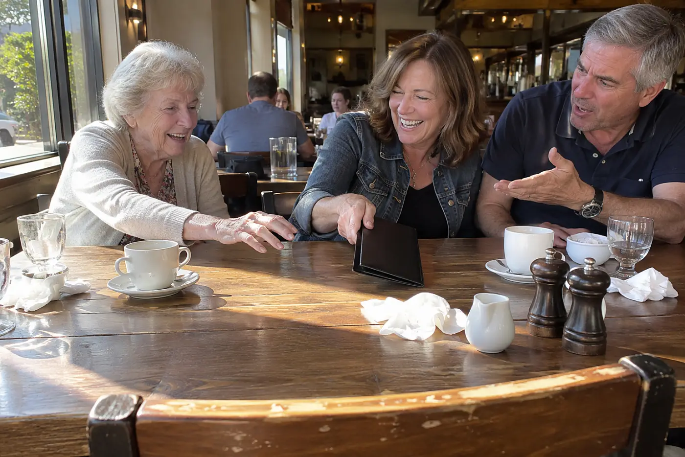 Older woman reaching for a restaurant check beside her adult child and their spouse.