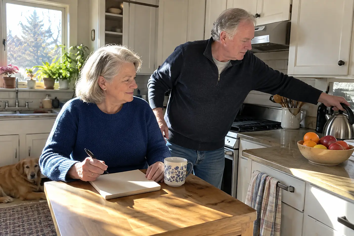 Older woman marking a holiday on a calendar at her kitchen counter.