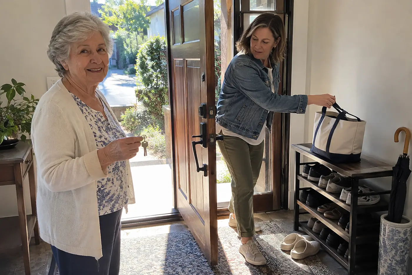 Older woman holding a spare key beside her front door.