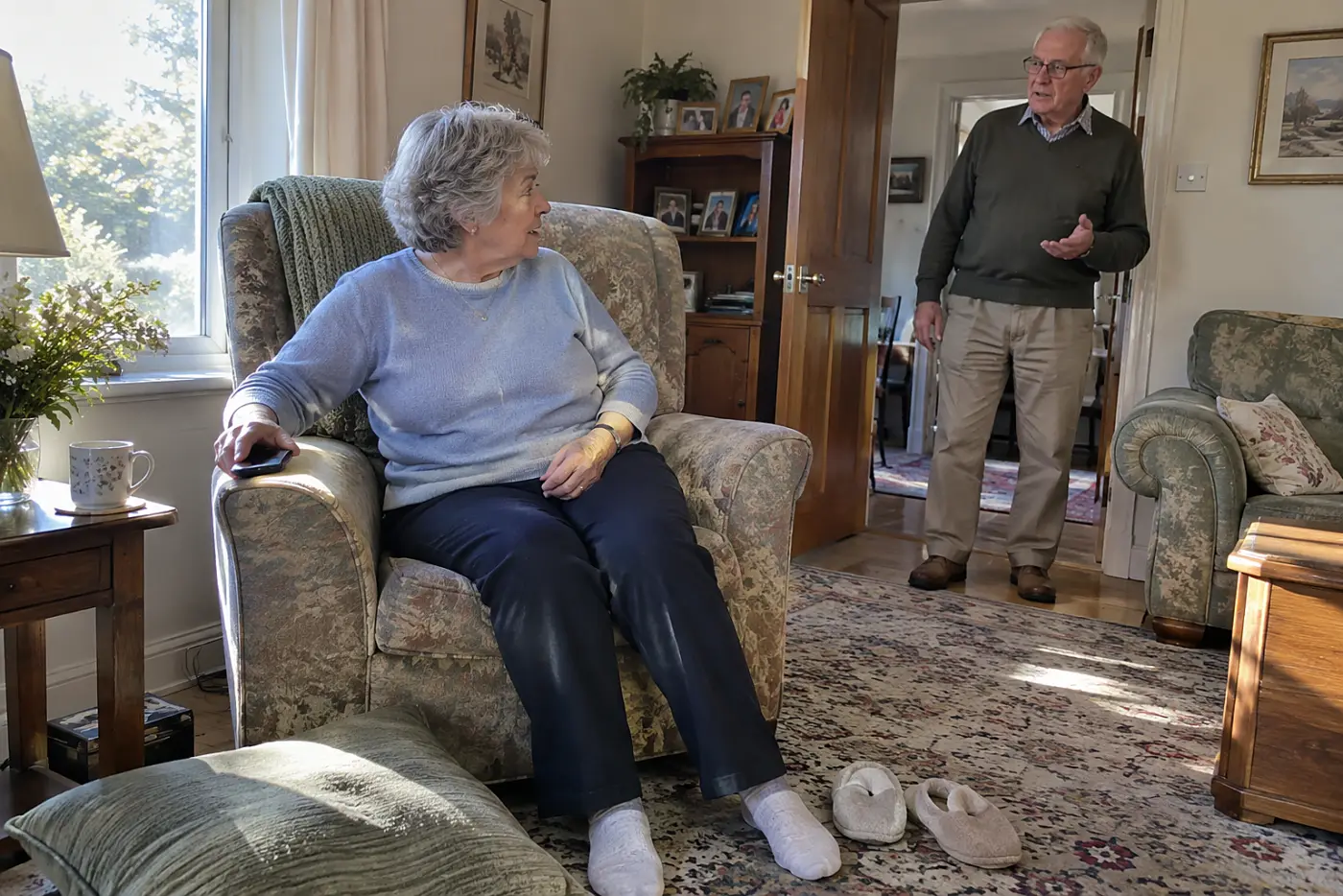 Older woman putting down her phone after speaking with a sibling in her living room.