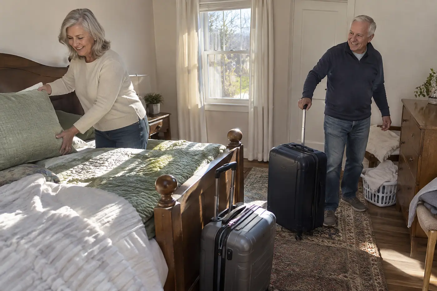 Older woman straightening pillows beside two suitcases in a guest room.