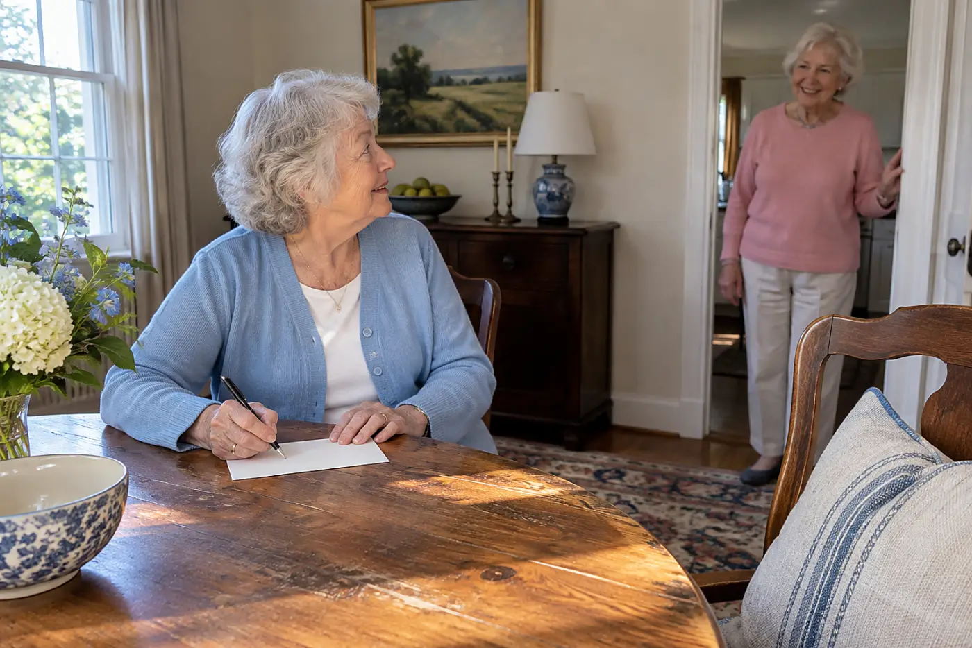Older woman writing two names on an invitation at her dining table.