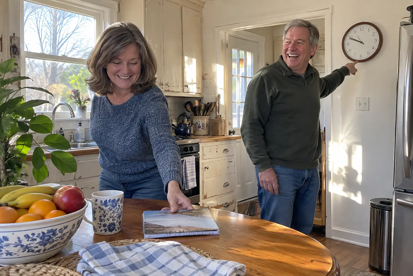 Adult daughter checking a calendar with her spouse at their kitchen table.