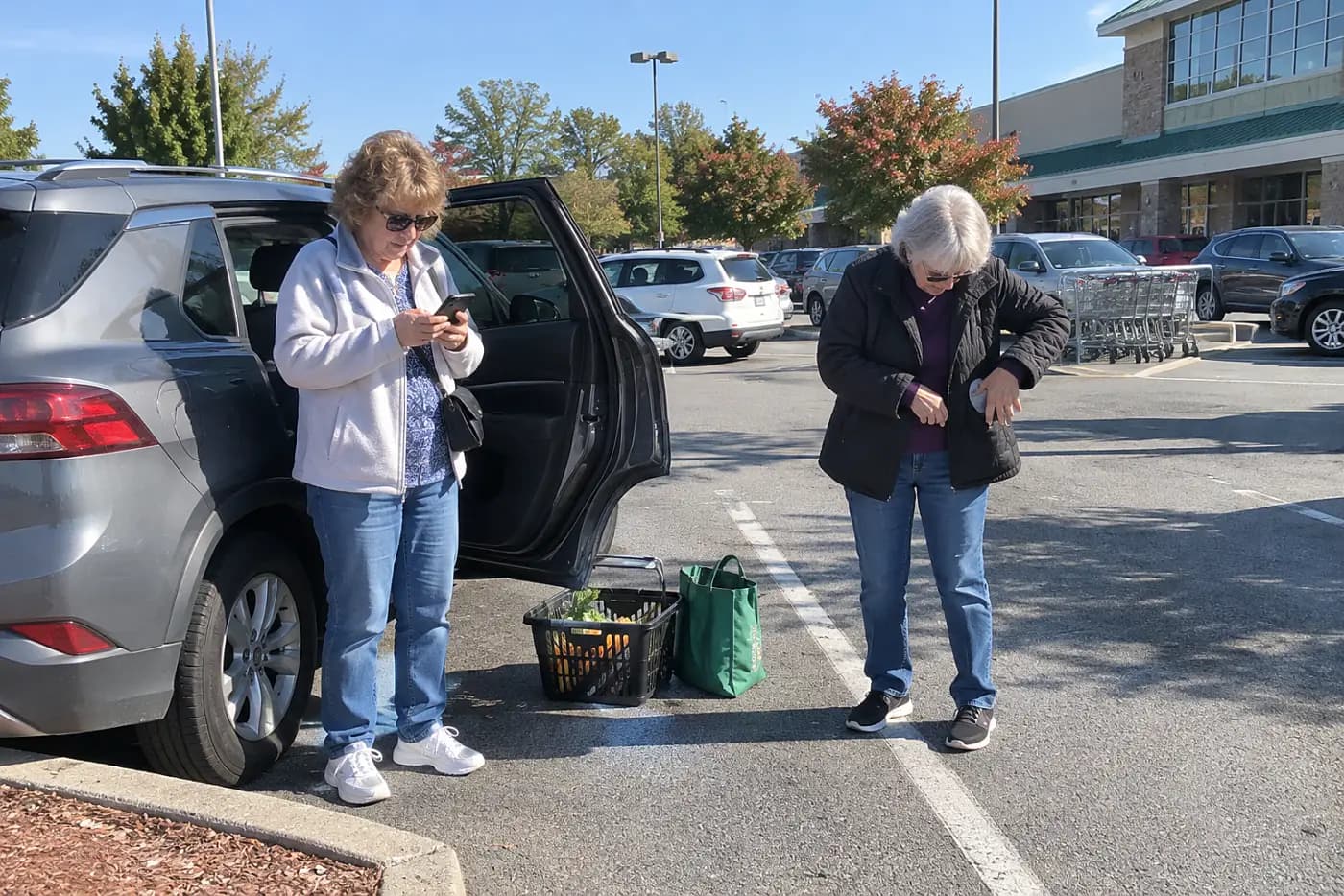 Older woman viewing a house key photo on her phone in a grocery store parking lot.