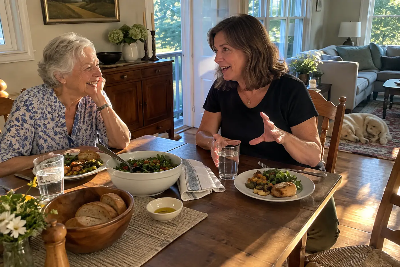 Older woman listening to her adult child tell a story across a dinner table.