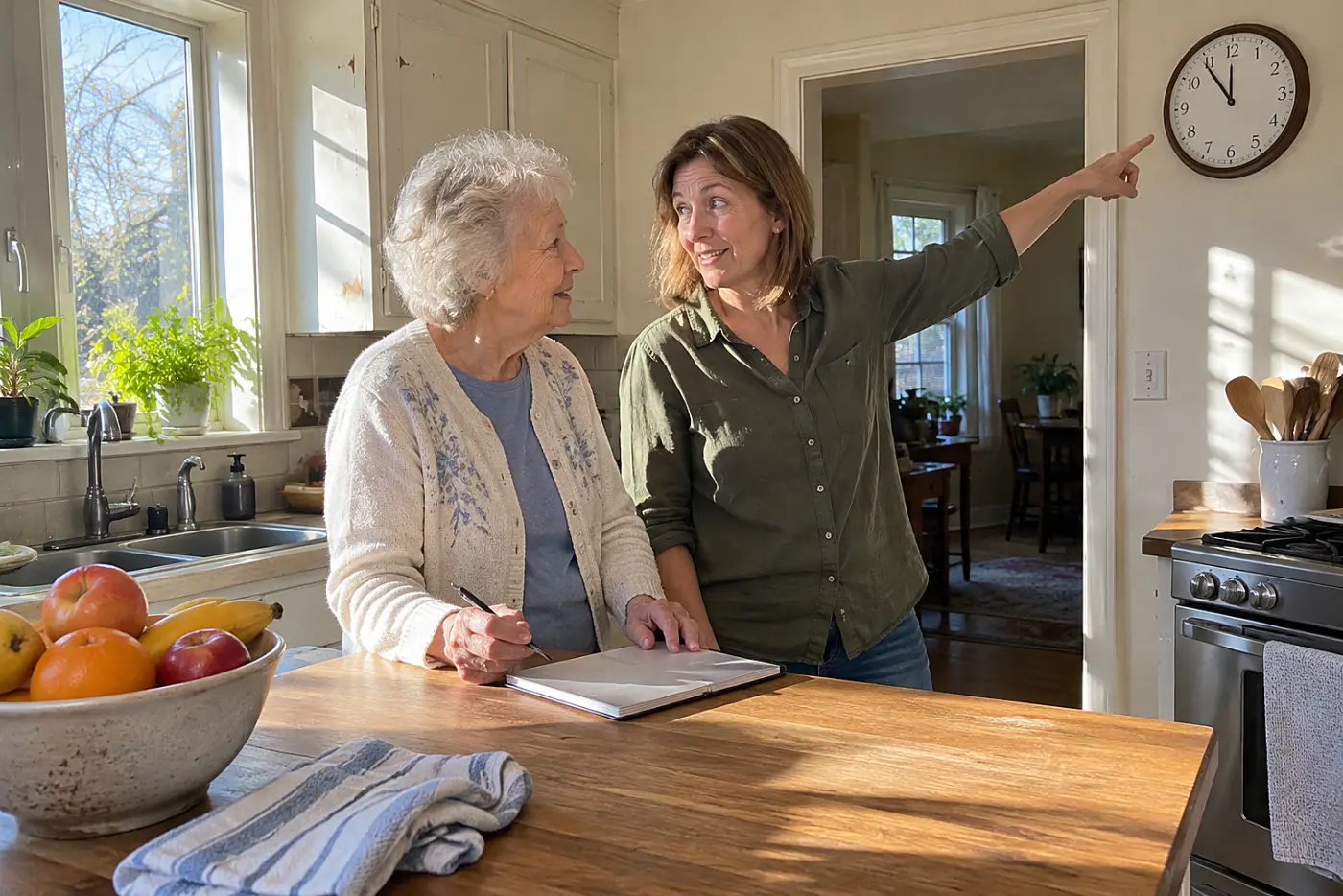 Older woman writing pickup hours on a kitchen calendar with her adult child.