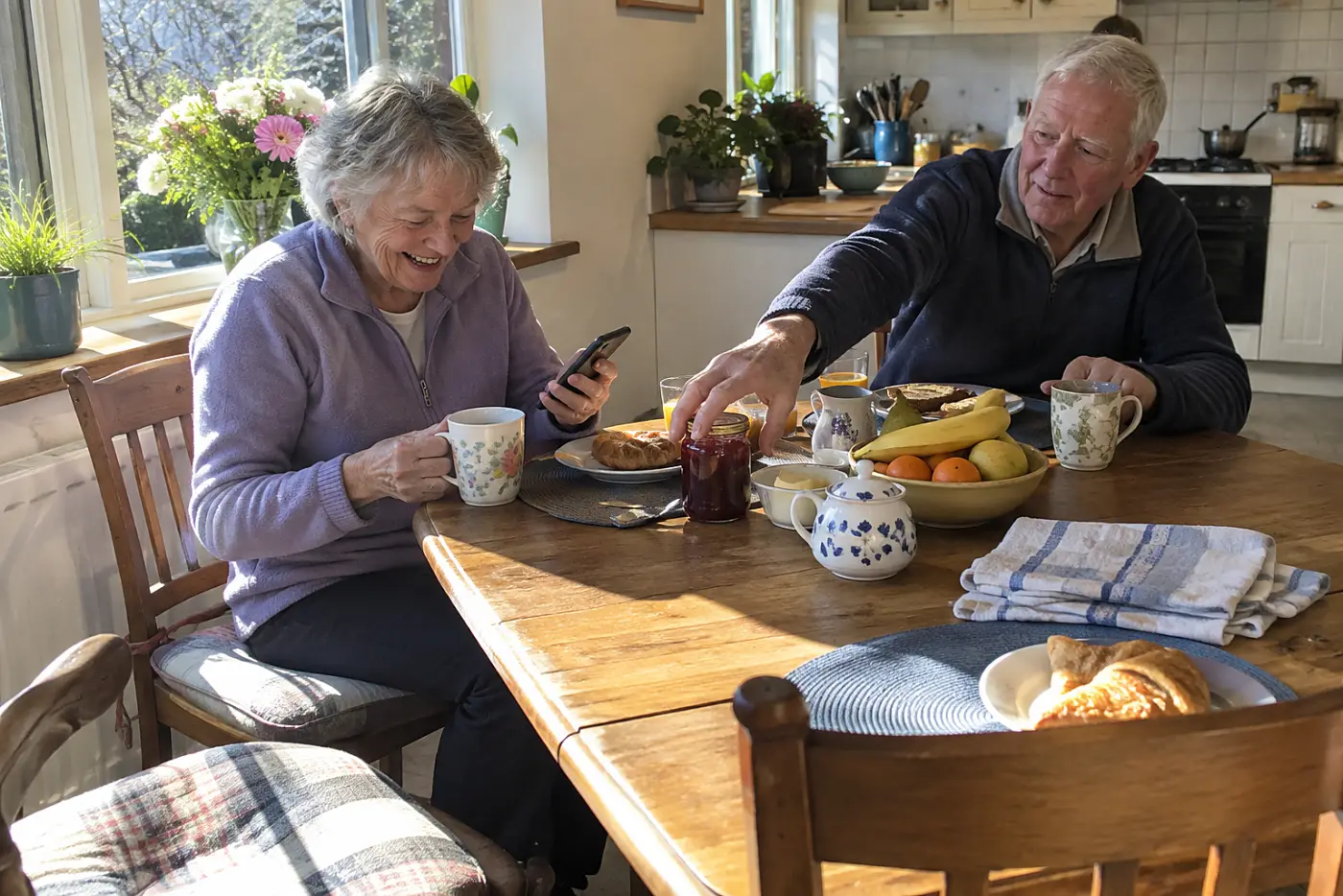 Older woman viewing a grandchild’s photo on her phone at her breakfast table.