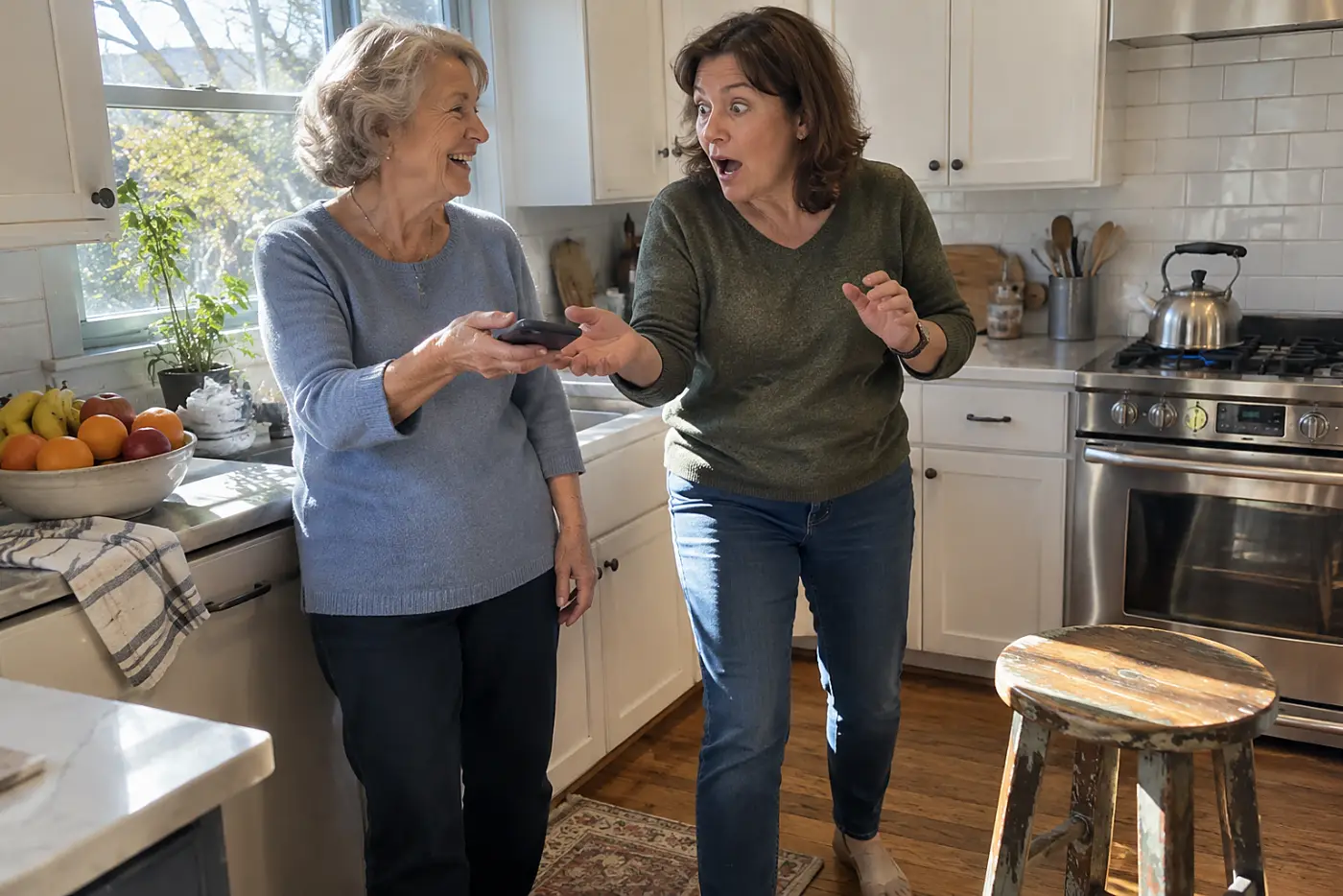 Older woman showing her adult child a login code alert on her phone in a kitchen.