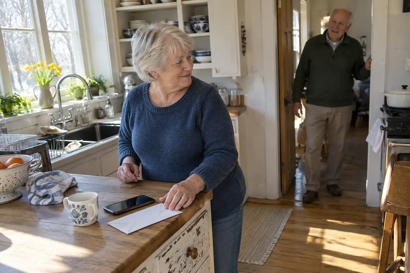 Older woman setting an unopened bank envelope beside her phone at home.