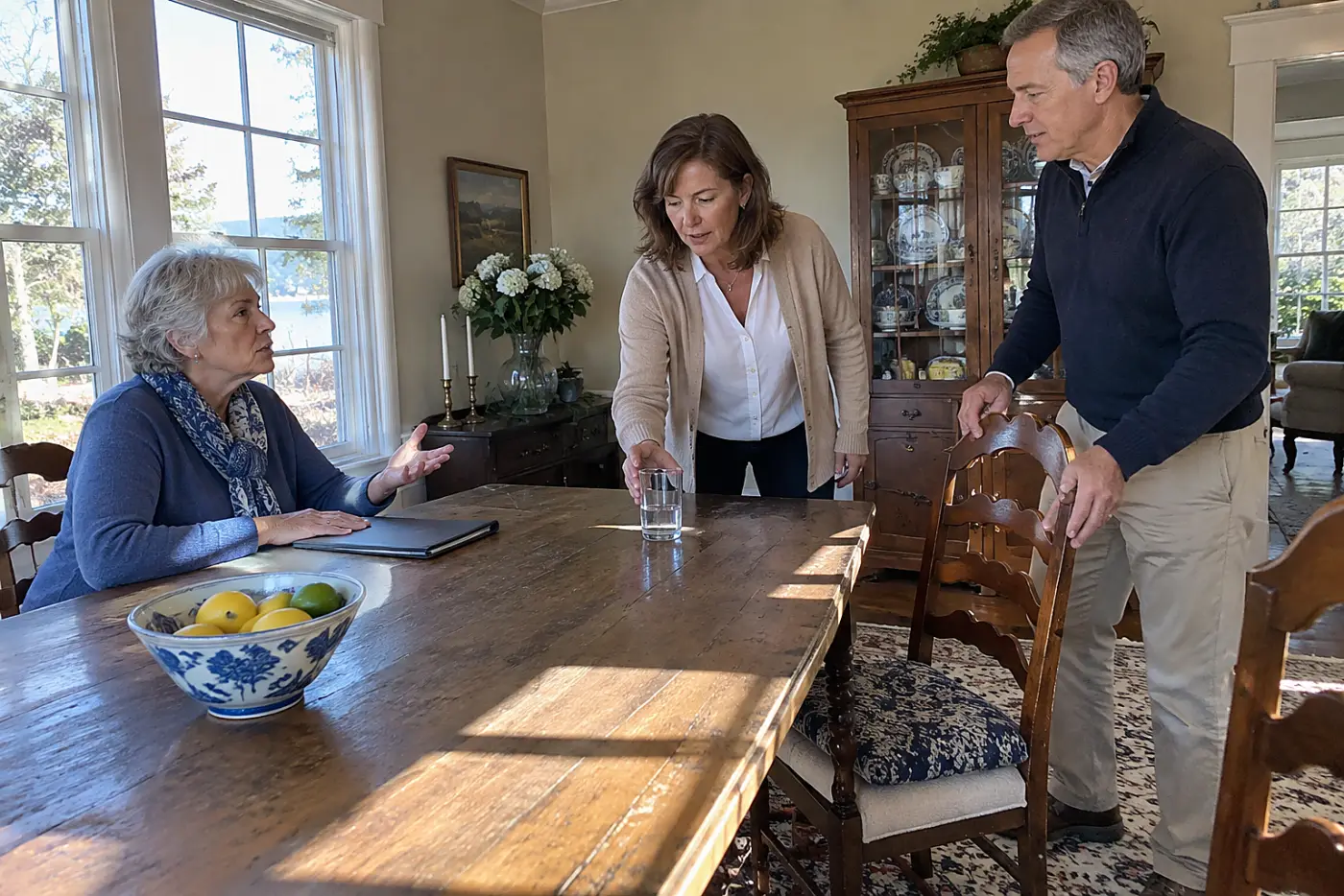 Older woman speaking with a couple over house papers at her dining table.