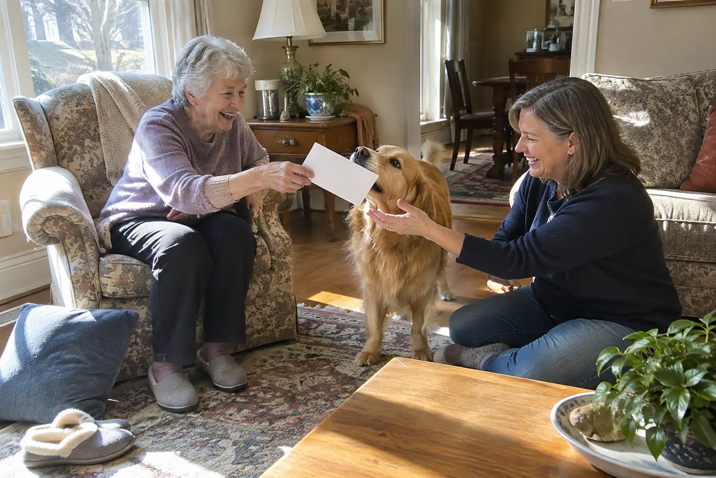 Older woman handing a birthday card to her adult child in a living room.