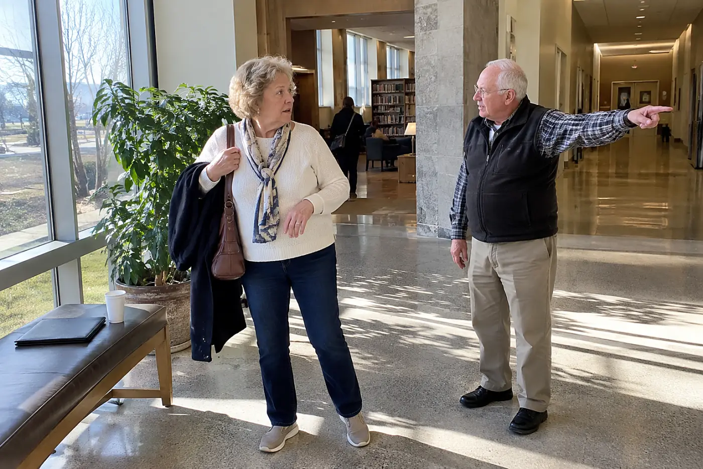 Woman looking for a restroom inside a public library.