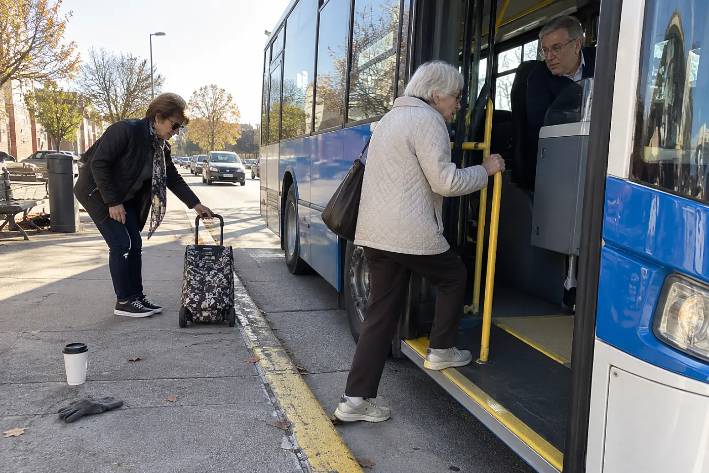 Woman stepping from a curb onto a low-floor city bus.