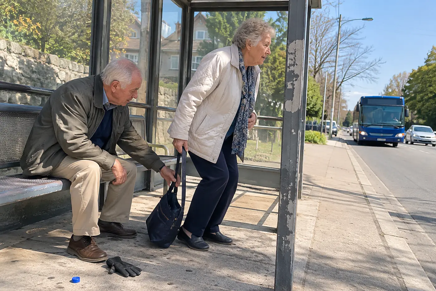 Woman sitting beneath a bus shelter while waiting for her bus.