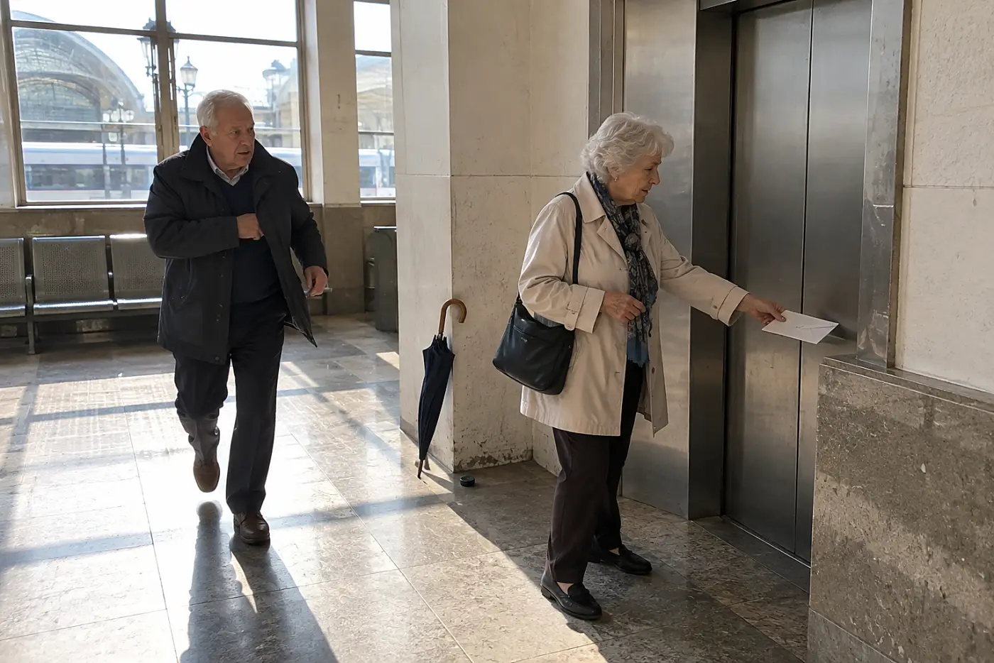 Woman checking an elevator service notice inside a train station.