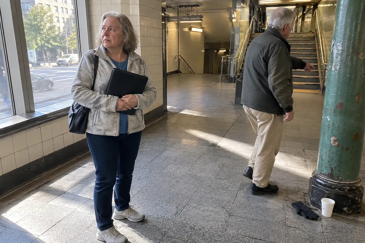 Woman reading an exit map inside a subway station.