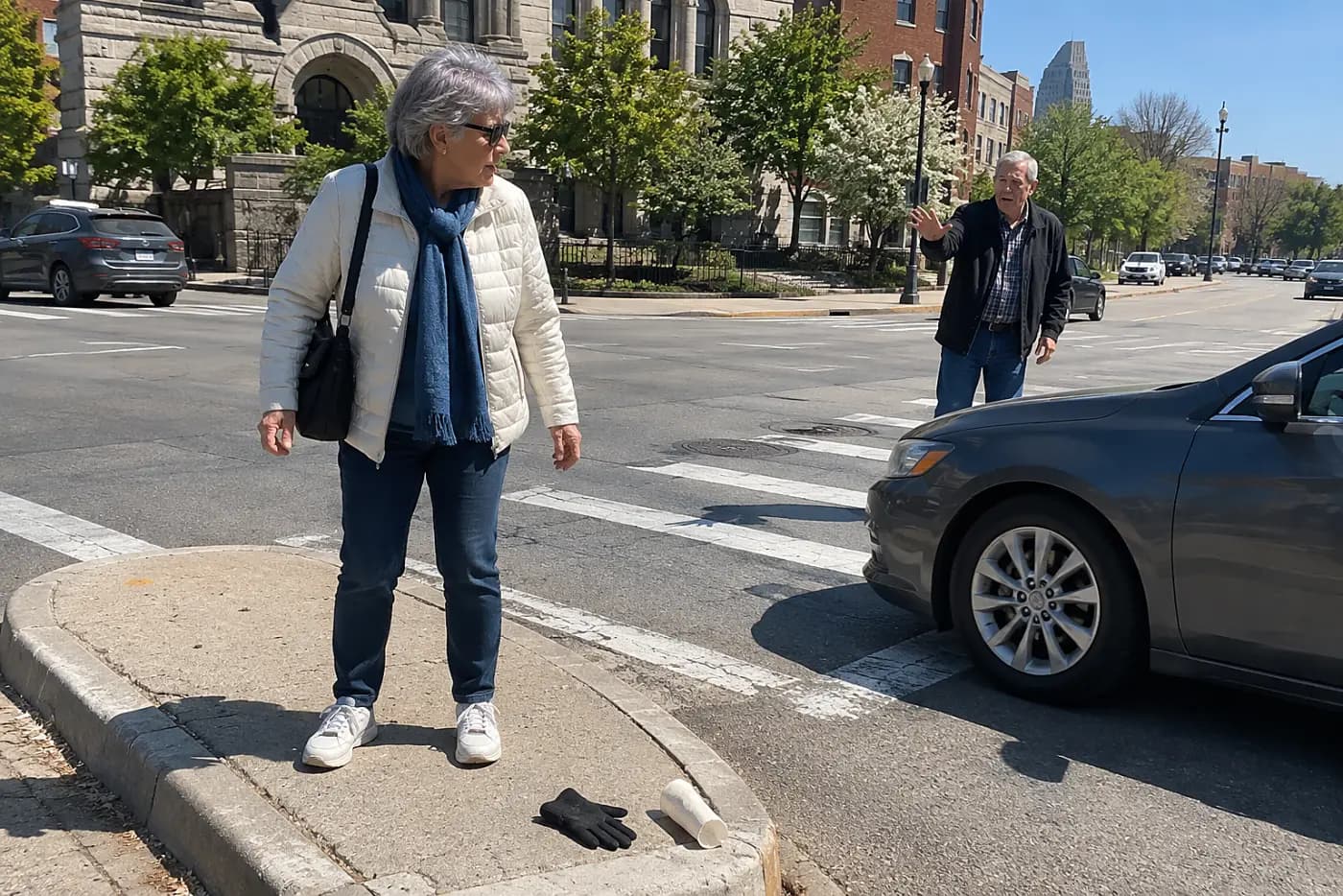 Woman standing on a raised pedestrian island between traffic lanes.