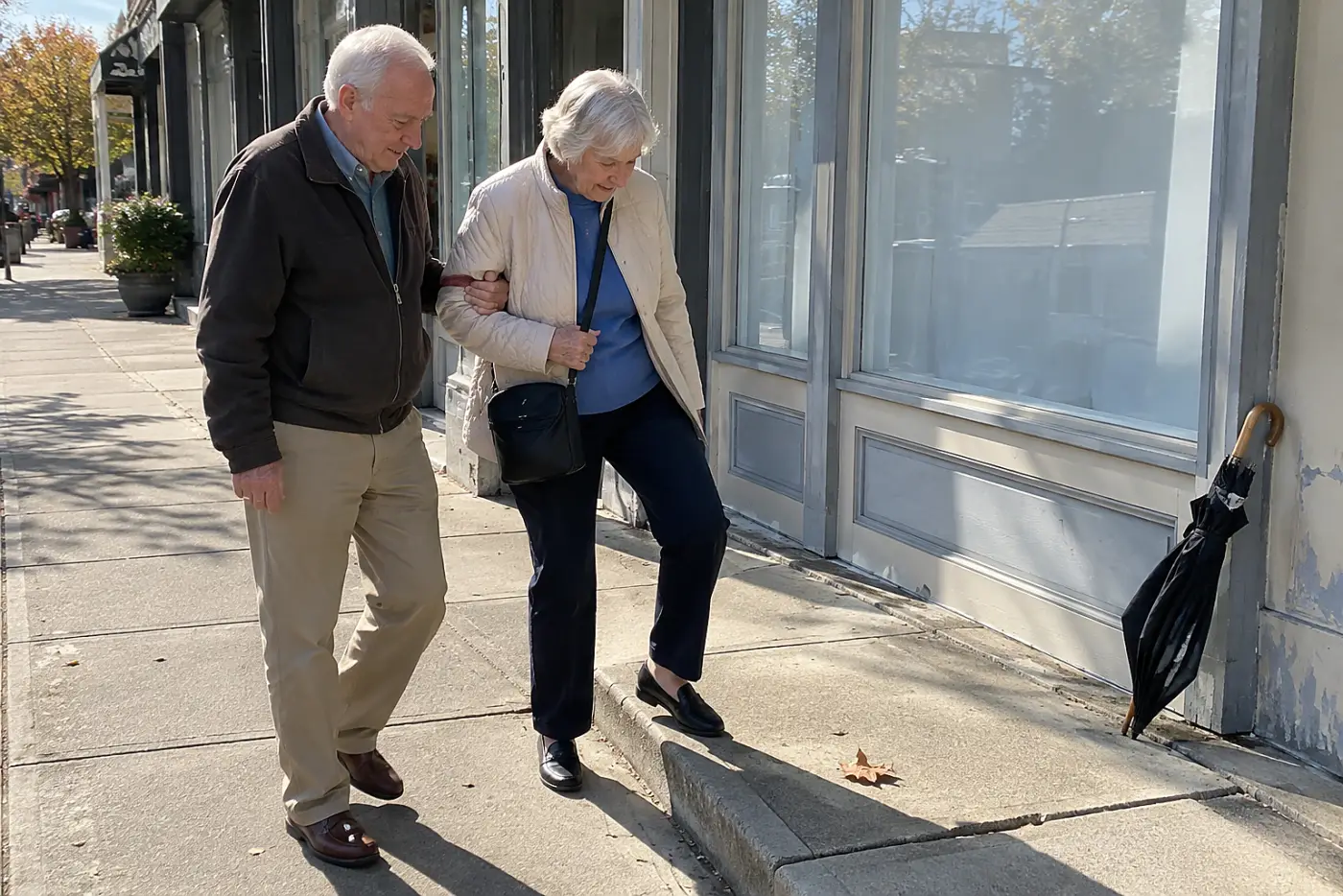 Woman stepping around a raised sidewalk slab outside a bookstore.