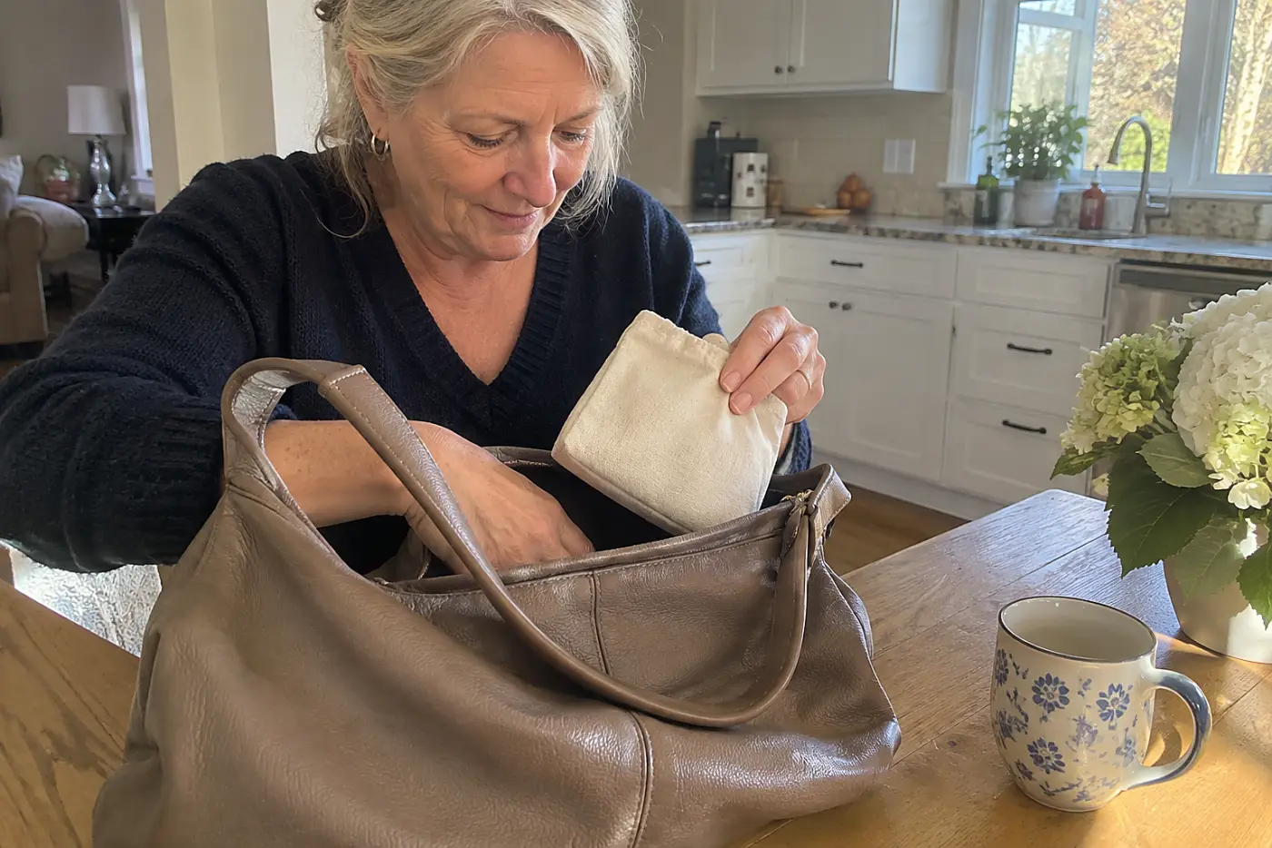 An oversized soft hobo bag slouches in the center of a kitchen table as a woman in her sixties empties it, with no writing visible.