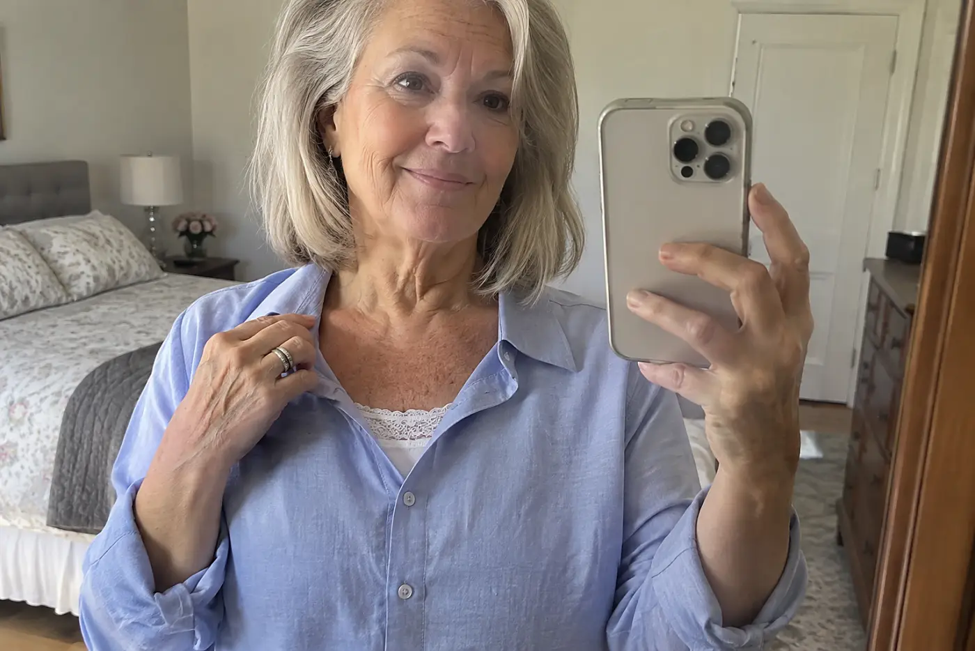 A lace-edged camisole peeks above a shirt on a woman in her sixties at a bedroom mirror, centered with no writing visible.