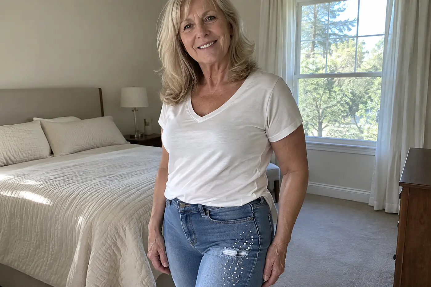 Jeans with rhinestones beside a frayed thigh patch fill the center of the frame on a woman in her sixties at home, with no writing visible.