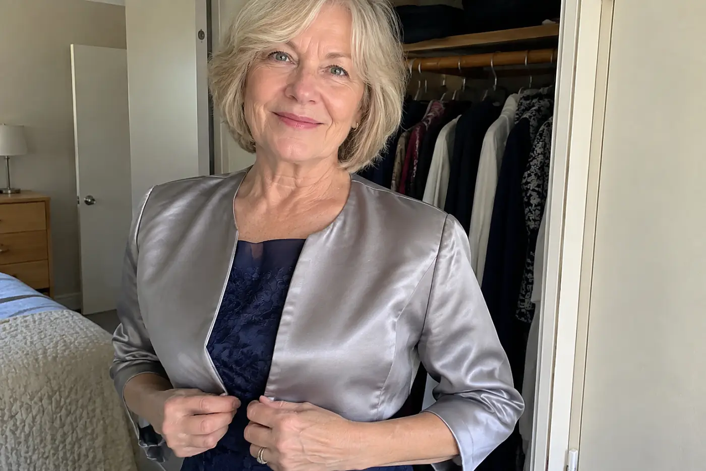 A short satin bolero sits over a dress on a woman in her sixties standing by her bedroom closet, centered with no writing visible.