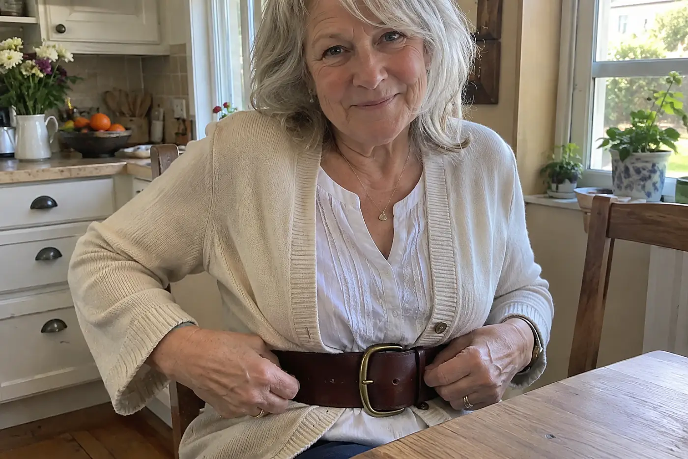 A wide belt crosses a cardigan and blouse on a woman in her sixties seated at her kitchen table, centered with no writing visible.