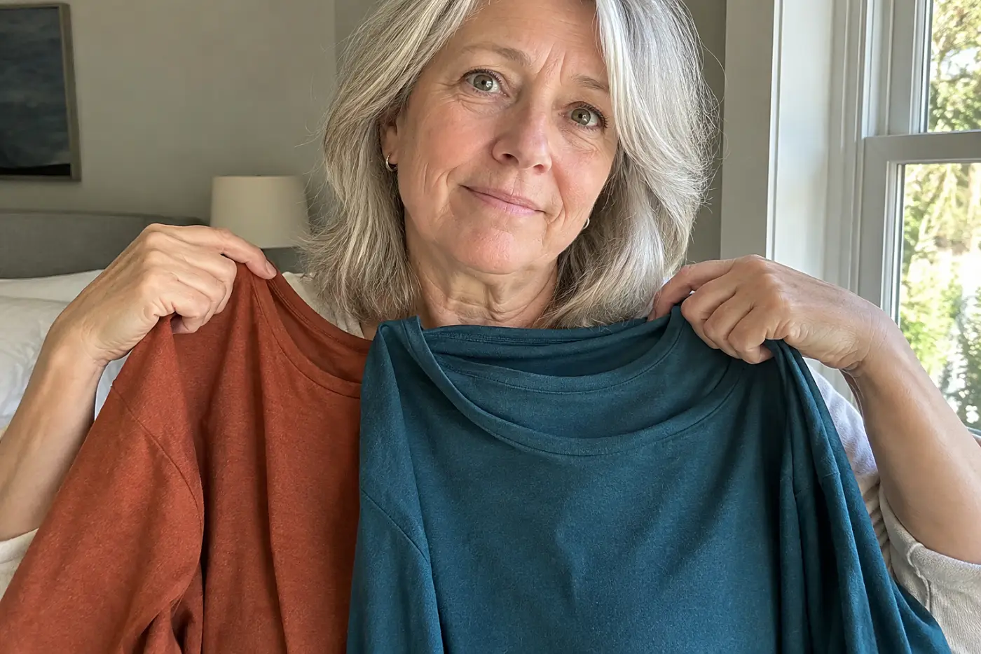 Two plain tops, one rust and one teal, sit beneath the chin of a woman in her sixties in the middle of the frame beside a window.