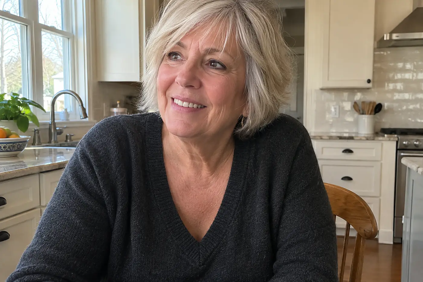A charcoal V-neck sweater fills the middle of the frame on a woman in her sixties seated at her kitchen table in daylight.