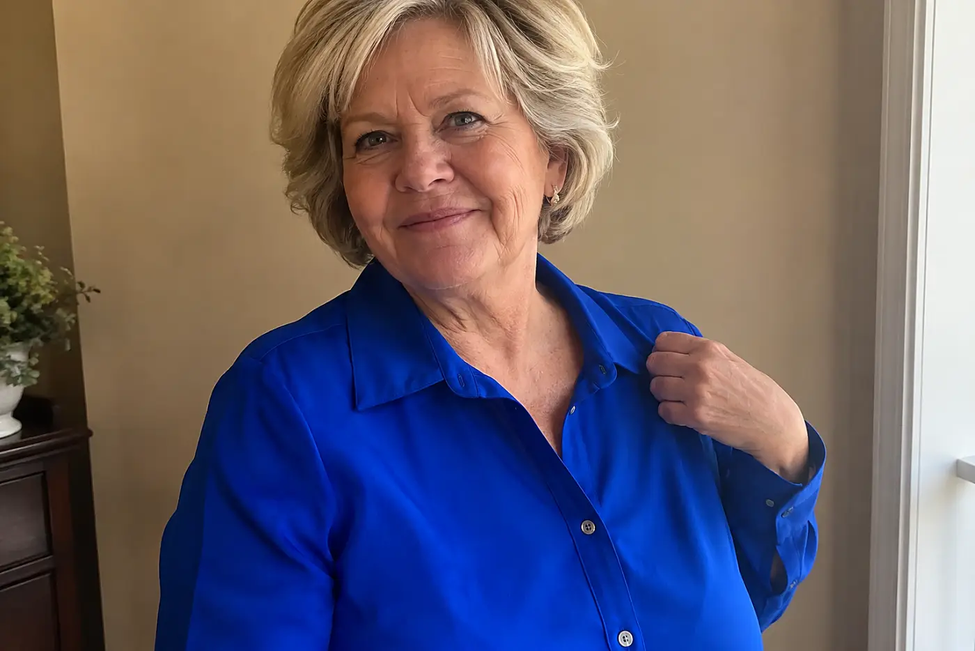 A cobalt blue shirt fills the middle of the frame on a woman in her sixties standing against a tan wall at home.