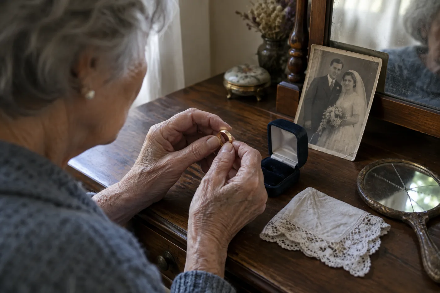 Elderly woman lifting a wedding ring from a velvet box on a dresser