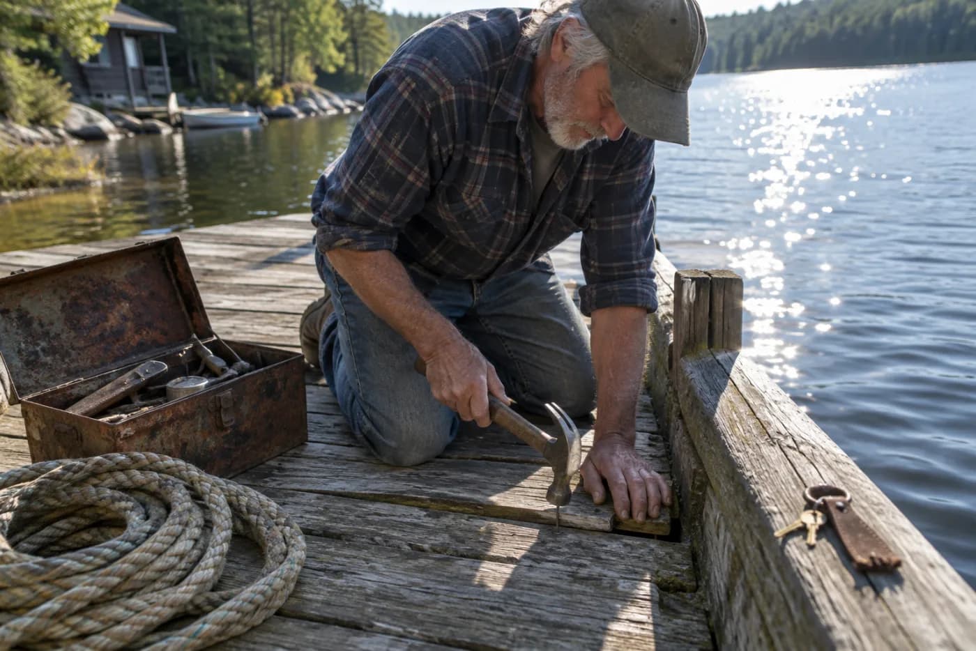 Man repairing a loose dock plank at a lakeside family cabin
