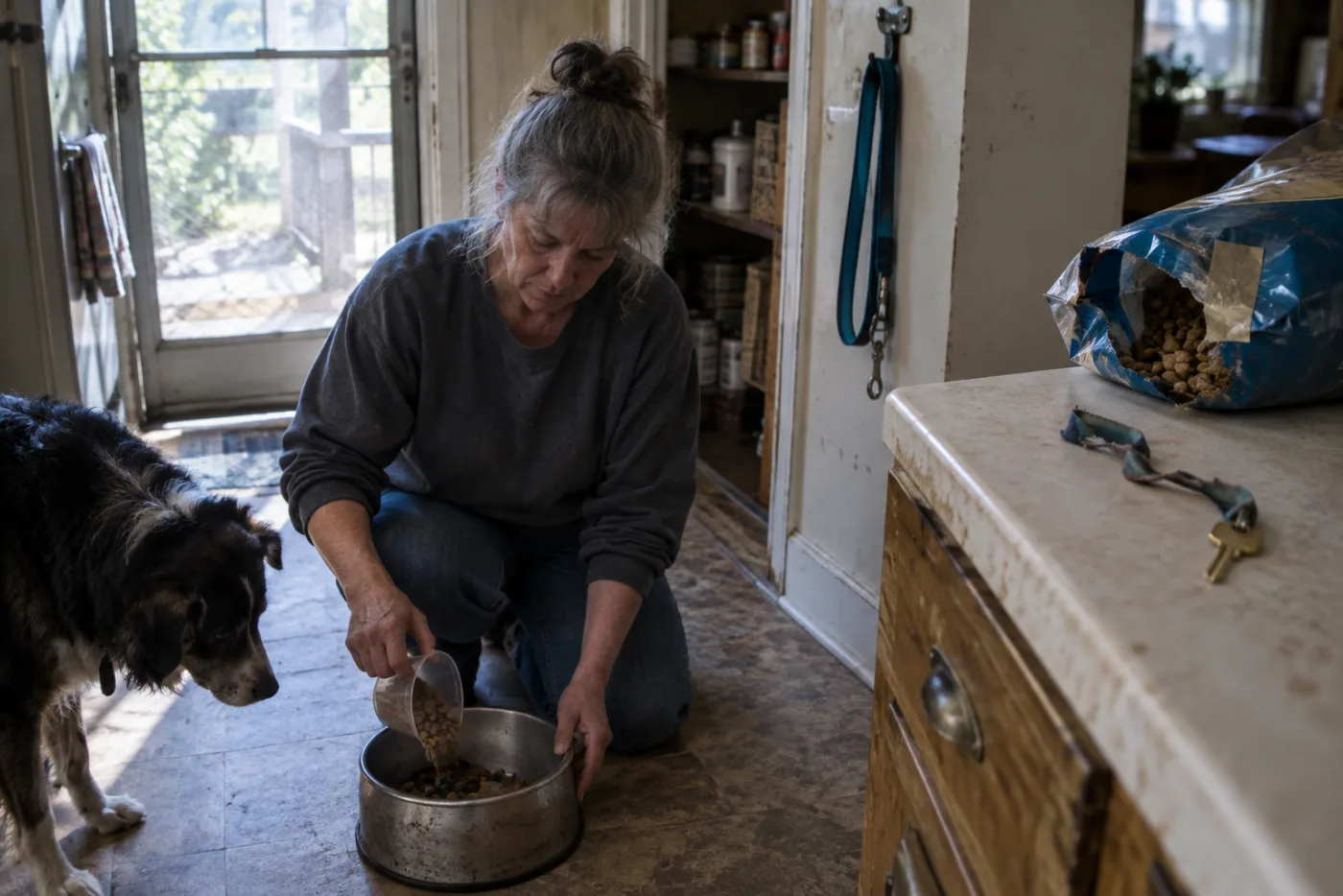 Woman pouring dog food into a metal bowl near a kitchen screen door