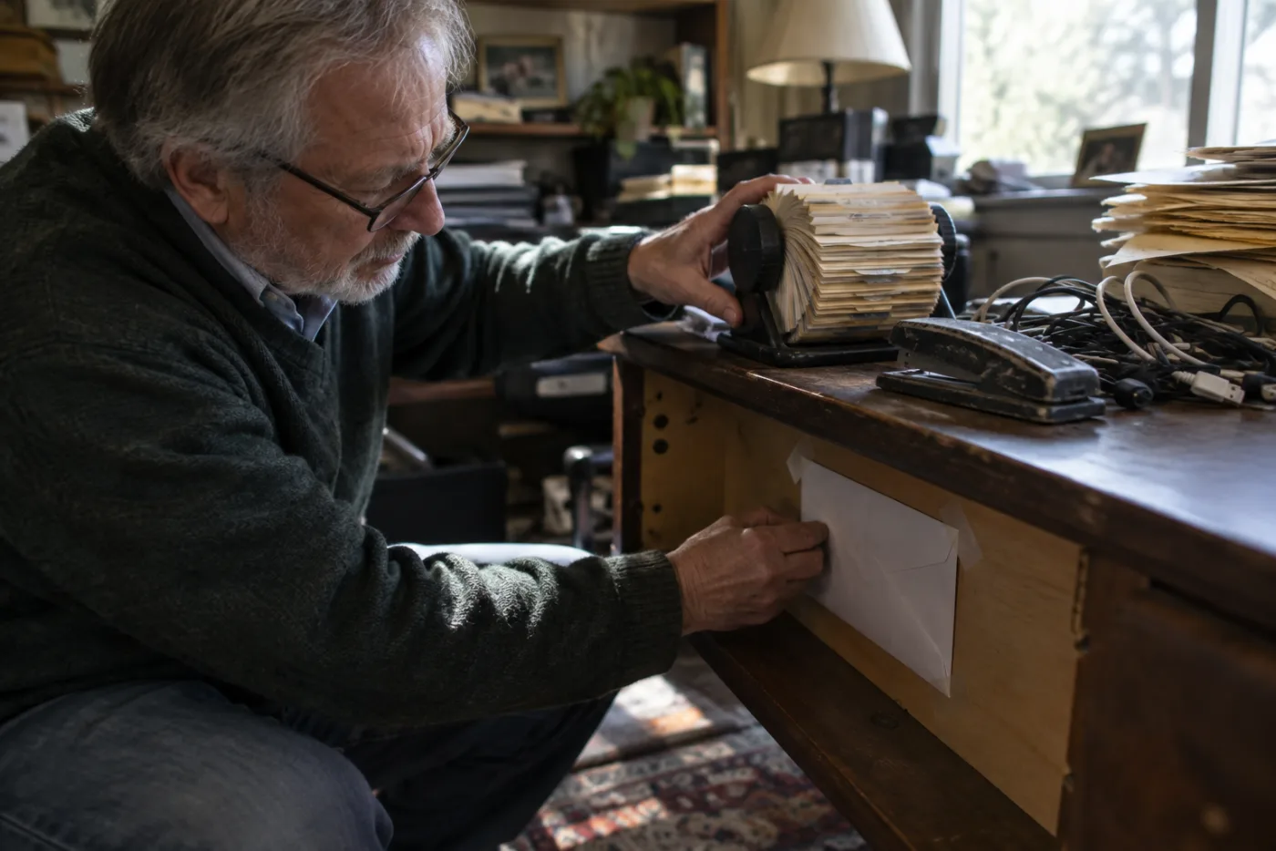 Man taping a sealed envelope under a desk drawer in a cluttered office