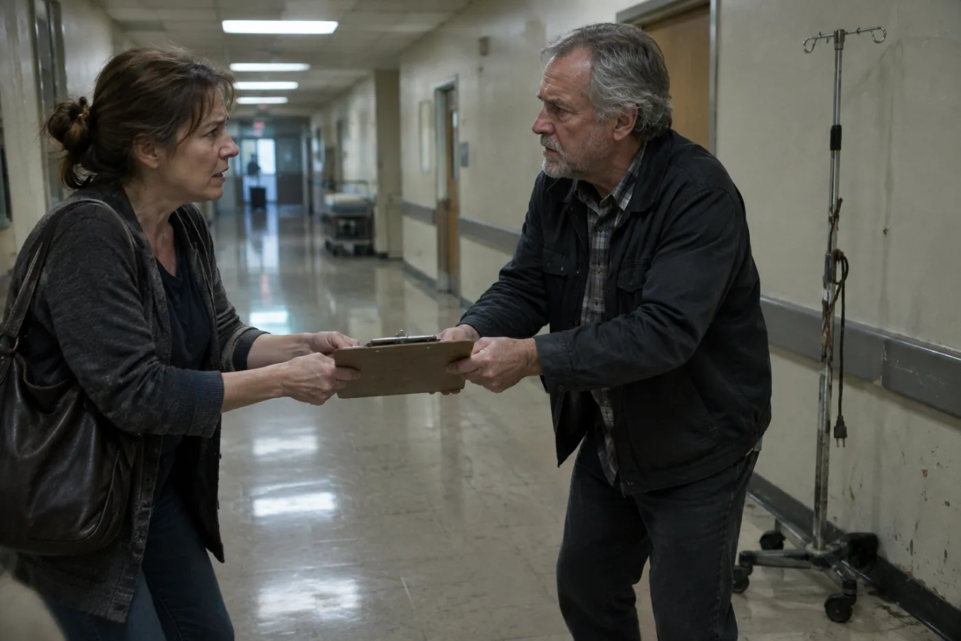 Two family members gripping opposite edges of a clipboard in a hospital hallway