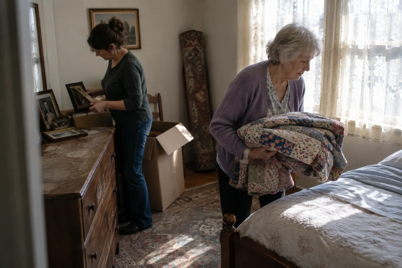 Older woman carrying a quilt into a spare bedroom as her daughter unpacks boxes