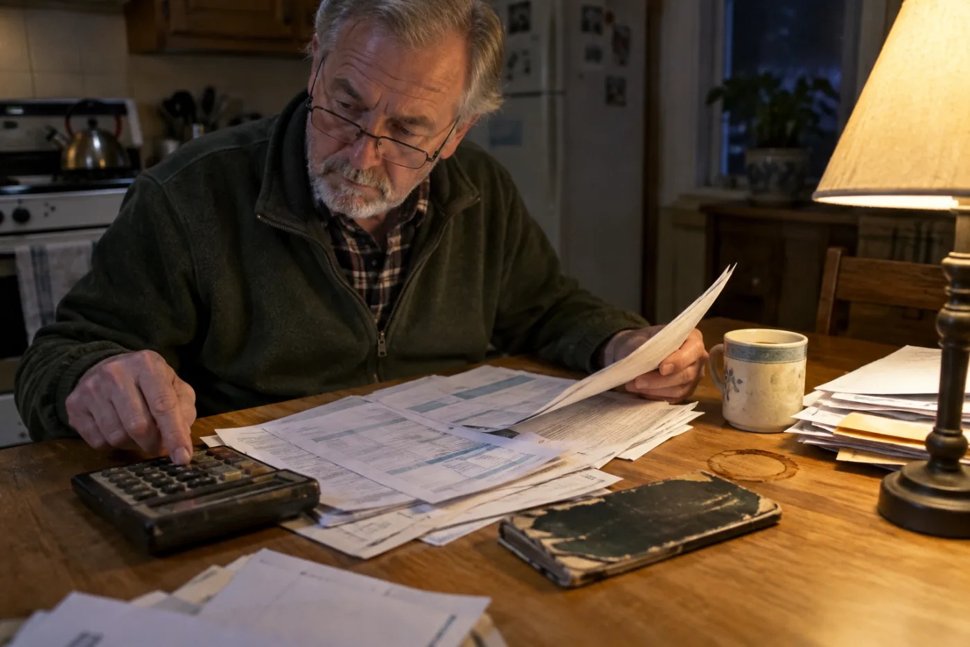 Man calculating nursing home bills with a calculator at a kitchen table