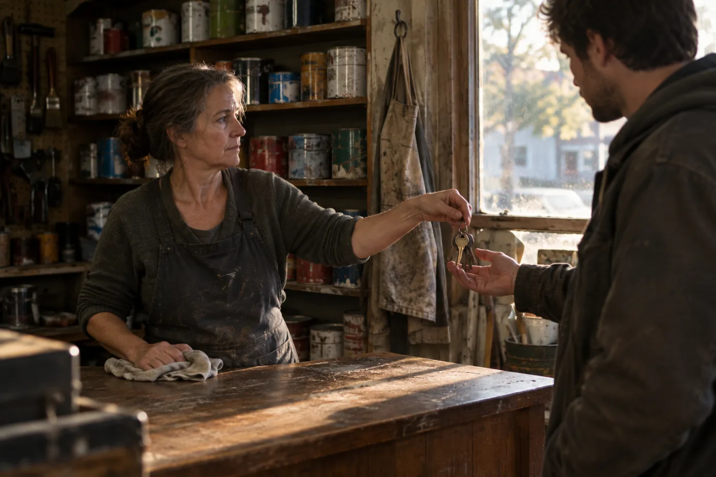 Woman handing shop keys to her son inside a small hardware store